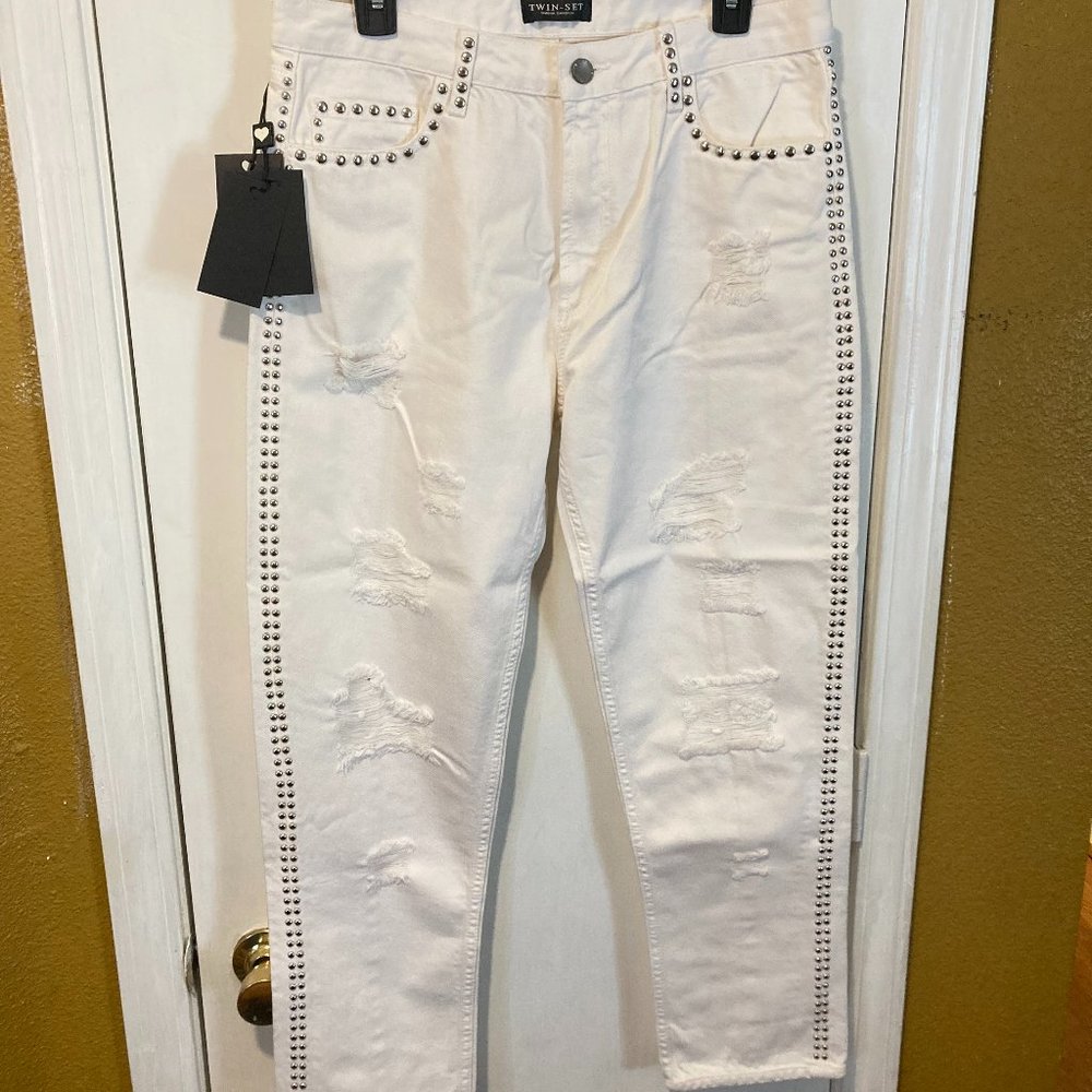 Twin Set women's size 28 mid seamed side stud embellished ripped boyfriend jeans